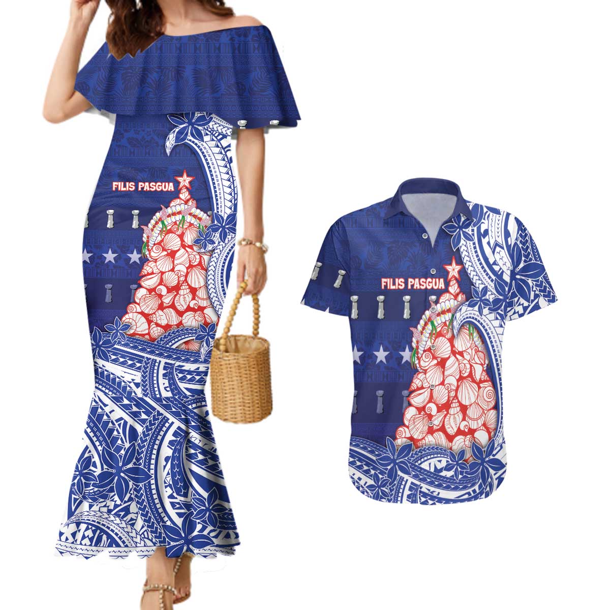 Northern Mariana Islands Christmas Couples Matching Mermaid Dress and Hawaiian Shirt Seashell Xmas Tree Tribal Waves DT05 Navy - Polynesian Pride