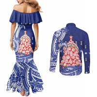 Northern Mariana Islands Christmas Couples Matching Mermaid Dress and Long Sleeve Button Shirt Seashell Xmas Tree Tribal Waves DT05 - Polynesian Pride