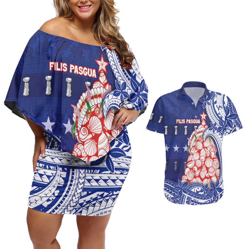 Northern Mariana Islands Christmas Couples Matching Off Shoulder Short Dress and Hawaiian Shirt Seashell Xmas Tree Tribal Waves DT05 Navy - Polynesian Pride