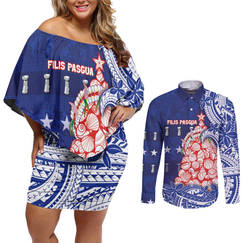 Northern Mariana Islands Christmas Couples Matching Off Shoulder Short Dress and Long Sleeve Button Shirt Seashell Xmas Tree Tribal Waves DT05 Navy - Polynesian Pride