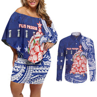 Northern Mariana Islands Christmas Couples Matching Off Shoulder Short Dress and Long Sleeve Button Shirt Seashell Xmas Tree Tribal Waves DT05 Navy - Polynesian Pride