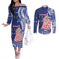 Northern Mariana Islands Christmas Couples Matching Off The Shoulder Long Sleeve Dress and Long Sleeve Button Shirt Seashell Xmas Tree Tribal Waves DT05 Navy - Polynesian Pride