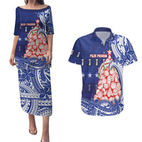 Northern Mariana Islands Christmas Couples Matching Puletasi and Hawaiian Shirt Seashell Xmas Tree Tribal Waves DT05 Navy - Polynesian Pride