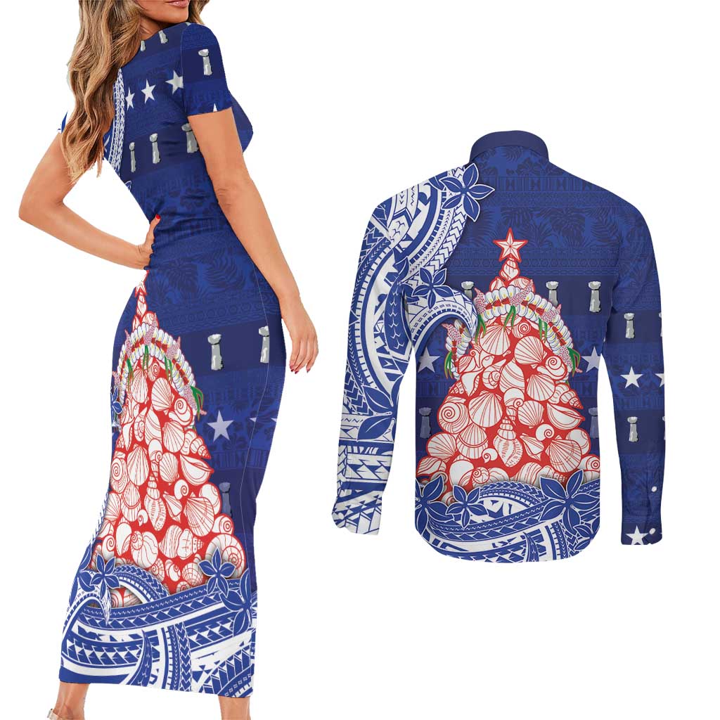 Northern Mariana Islands Christmas Couples Matching Short Sleeve Bodycon Dress and Long Sleeve Button Shirt Seashell Xmas Tree Tribal Waves DT05 - Polynesian Pride