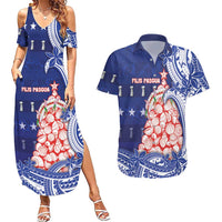 Northern Mariana Islands Christmas Couples Matching Summer Maxi Dress and Hawaiian Shirt Seashell Xmas Tree Tribal Waves DT05 Navy - Polynesian Pride