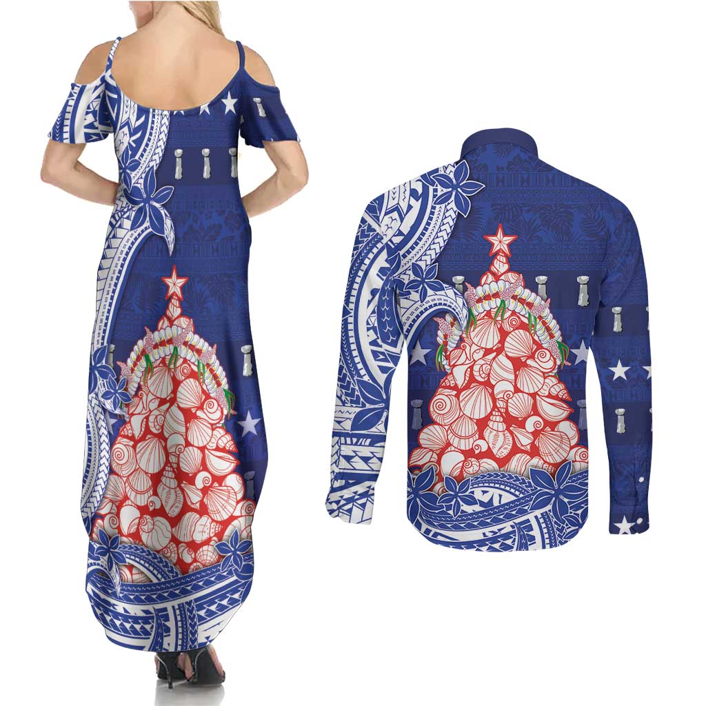 Northern Mariana Islands Christmas Couples Matching Summer Maxi Dress and Long Sleeve Button Shirt Seashell Xmas Tree Tribal Waves DT05 - Polynesian Pride
