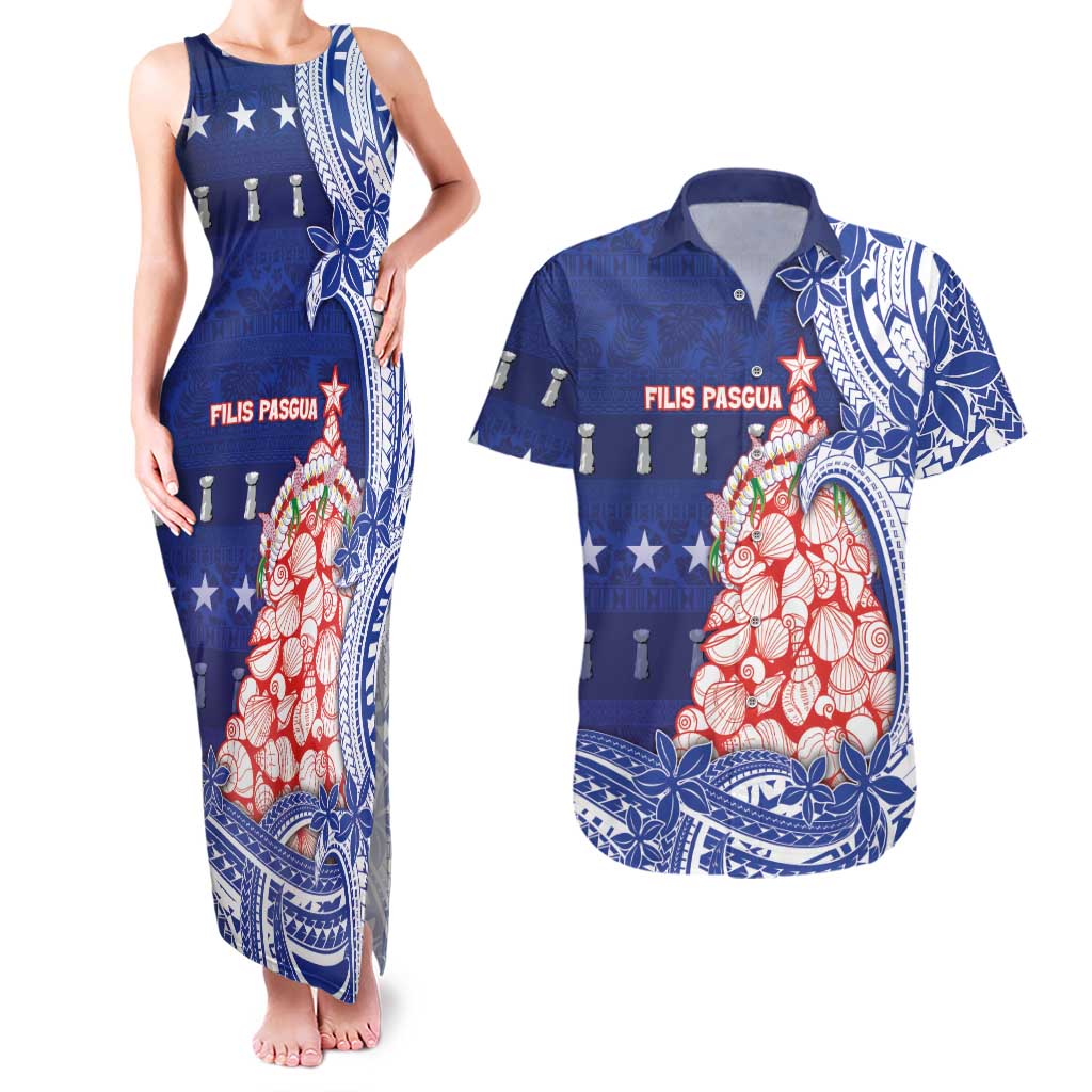 Northern Mariana Islands Christmas Couples Matching Tank Maxi Dress and Hawaiian Shirt Seashell Xmas Tree Tribal Waves DT05 Navy - Polynesian Pride