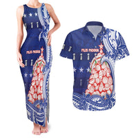 Northern Mariana Islands Christmas Couples Matching Tank Maxi Dress and Hawaiian Shirt Seashell Xmas Tree Tribal Waves DT05 Navy - Polynesian Pride