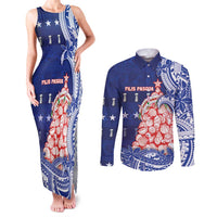 Northern Mariana Islands Christmas Couples Matching Tank Maxi Dress and Long Sleeve Button Shirt Seashell Xmas Tree Tribal Waves DT05 Navy - Polynesian Pride
