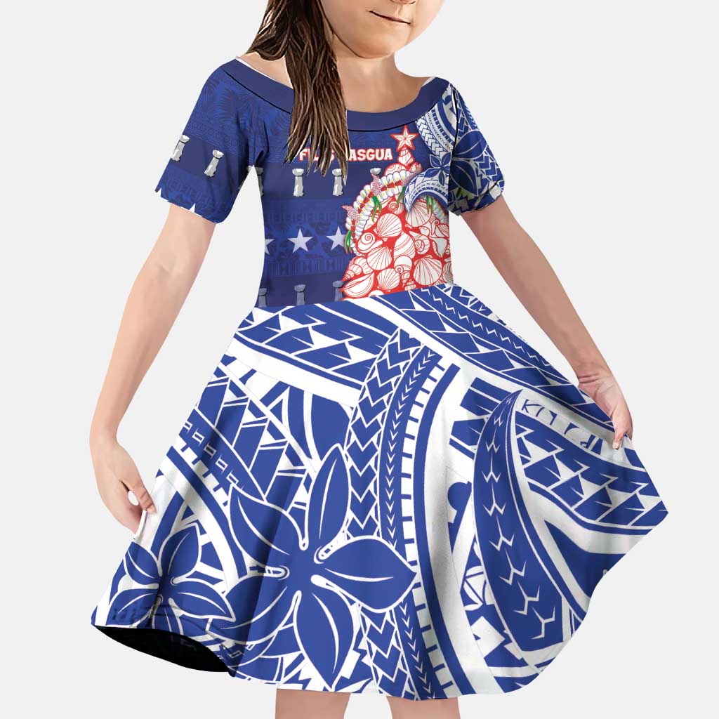 Northern Mariana Islands Christmas Family Matching Long Sleeve Bodycon Dress and Hawaiian Shirt Seashell Xmas Tree Tribal Waves DT05 Daughter's Dress Navy - Polynesian Pride