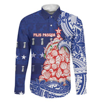 Northern Mariana Islands Christmas Family Matching Long Sleeve Bodycon Dress and Hawaiian Shirt Seashell Xmas Tree Tribal Waves DT05 Dad's Shirt - Long Sleeve Navy - Polynesian Pride