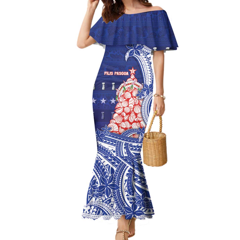 Northern Mariana Islands Christmas Family Matching Mermaid Dress and Hawaiian Shirt Seashell Xmas Tree Tribal Waves DT05 Mom's Dress Navy - Polynesian Pride