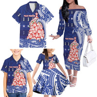 Northern Mariana Islands Christmas Family Matching Off The Shoulder Long Sleeve Dress and Hawaiian Shirt Seashell Xmas Tree Tribal Waves DT05 - Polynesian Pride