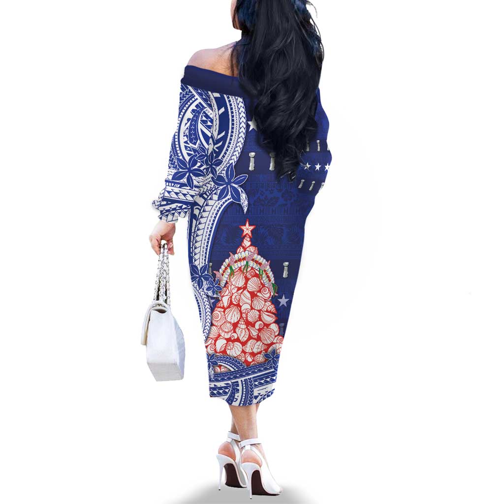 Northern Mariana Islands Christmas Family Matching Off The Shoulder Long Sleeve Dress and Hawaiian Shirt Seashell Xmas Tree Tribal Waves DT05 - Polynesian Pride