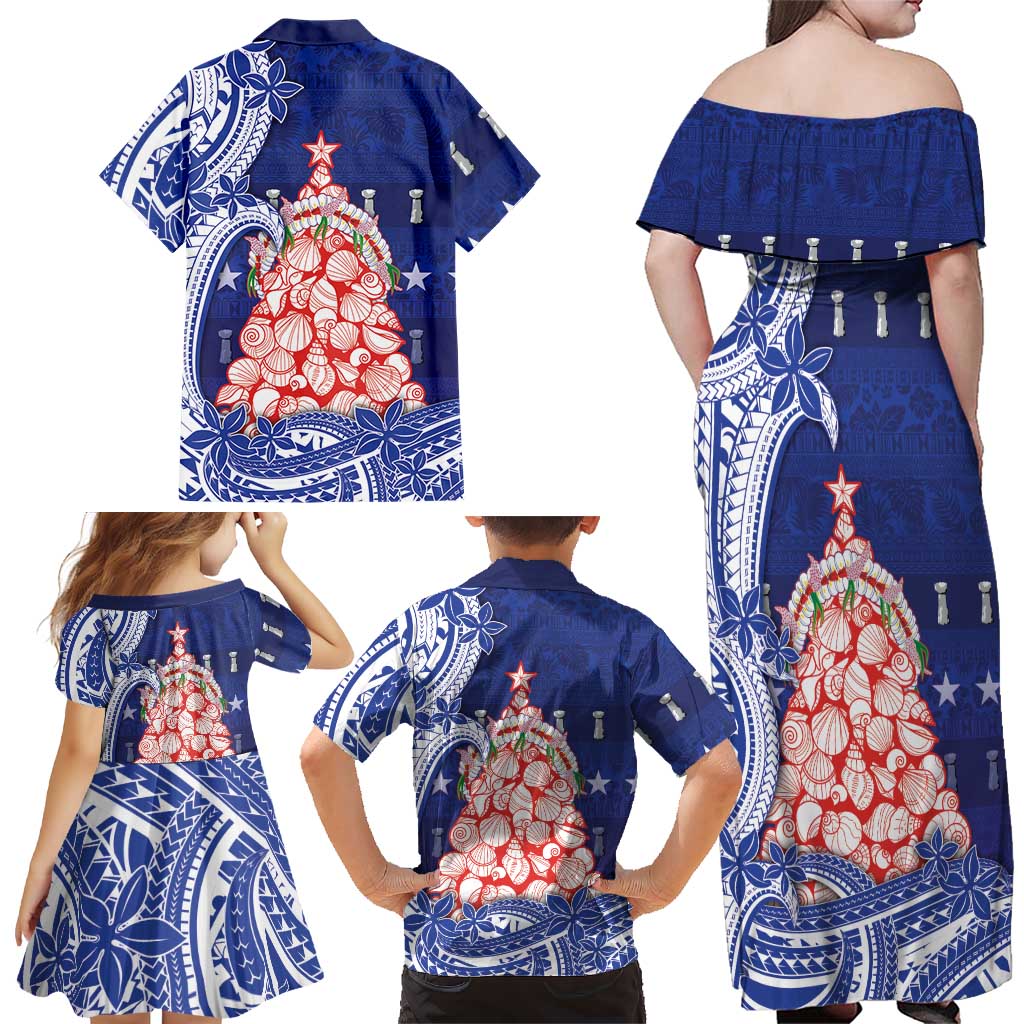 Northern Mariana Islands Christmas Family Matching Off Shoulder Maxi Dress and Hawaiian Shirt Seashell Xmas Tree Tribal Waves DT05 - Polynesian Pride