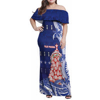 Northern Mariana Islands Christmas Family Matching Off Shoulder Maxi Dress and Hawaiian Shirt Seashell Xmas Tree Tribal Waves DT05 Mom's Dress Navy - Polynesian Pride