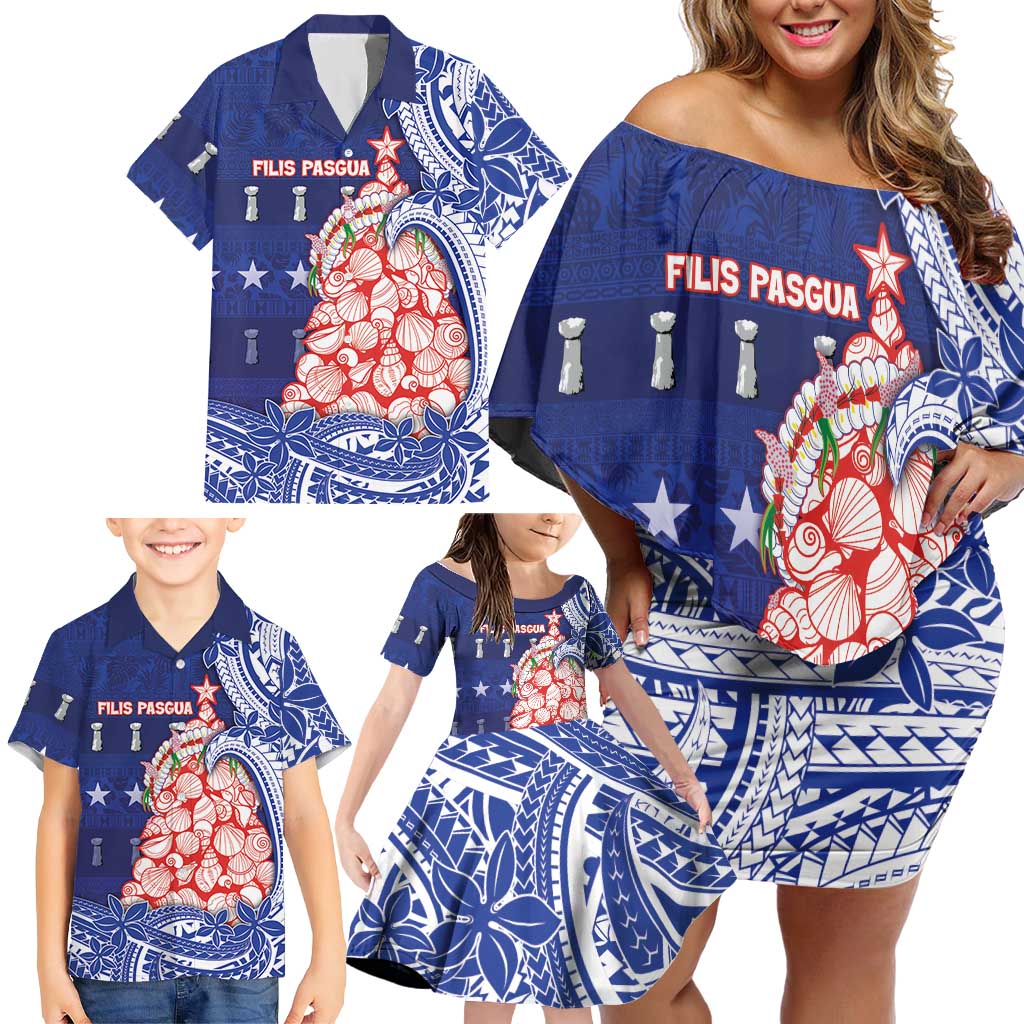 Northern Mariana Islands Christmas Family Matching Off Shoulder Short Dress and Hawaiian Shirt Seashell Xmas Tree Tribal Waves DT05 - Polynesian Pride