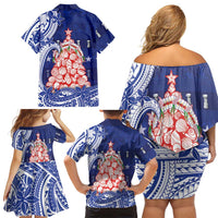 Northern Mariana Islands Christmas Family Matching Off Shoulder Short Dress and Hawaiian Shirt Seashell Xmas Tree Tribal Waves DT05 - Polynesian Pride
