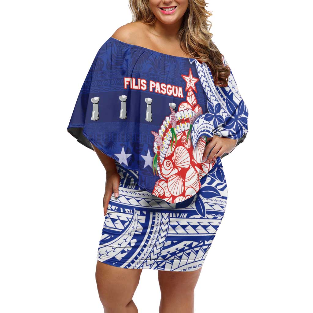Northern Mariana Islands Christmas Family Matching Off Shoulder Short Dress and Hawaiian Shirt Seashell Xmas Tree Tribal Waves DT05 Mom's Dress Navy - Polynesian Pride