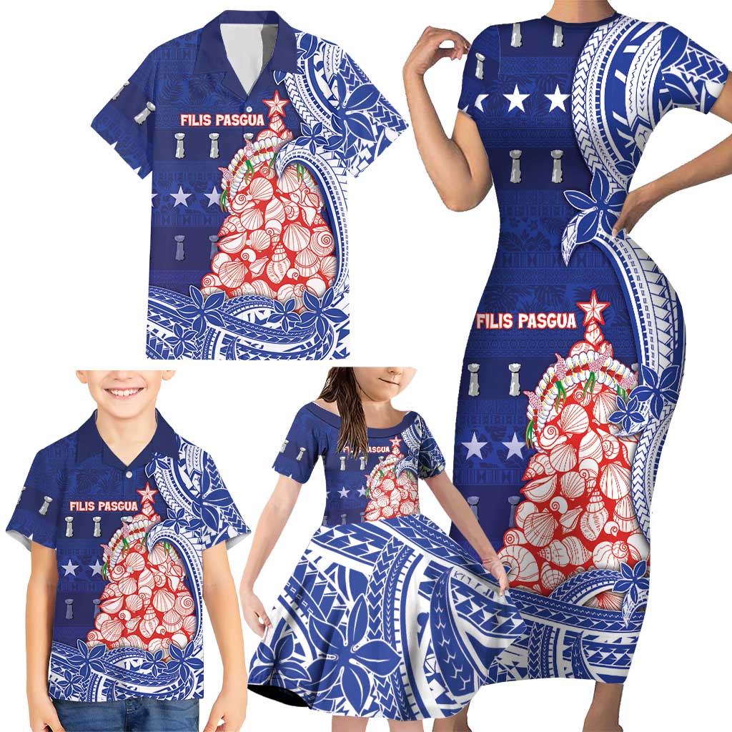 Northern Mariana Islands Christmas Family Matching Short Sleeve Bodycon Dress and Hawaiian Shirt Seashell Xmas Tree Tribal Waves - Polynesian Pride