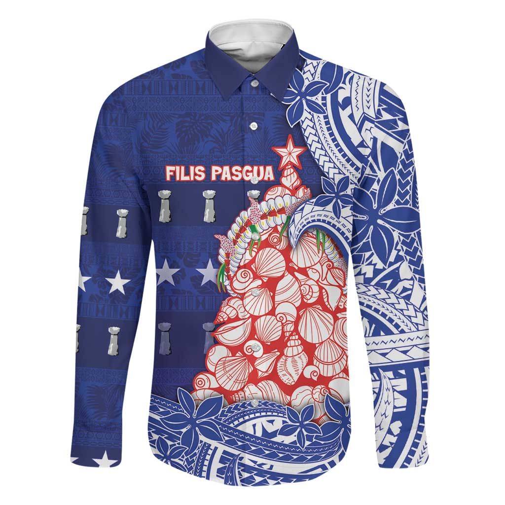 Northern Mariana Islands Christmas Family Matching Summer Maxi Dress and Hawaiian Shirt Seashell Xmas Tree Tribal Waves DT05 Dad's Shirt - Long Sleeve Navy - Polynesian Pride