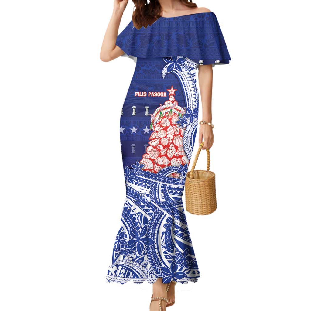 Northern Mariana Islands Christmas Mermaid Dress Seashell Xmas Tree Tribal Waves DT05 Women Navy - Polynesian Pride