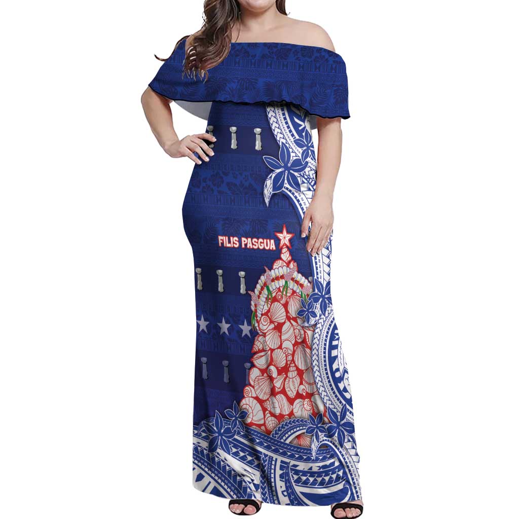 Northern Mariana Islands Christmas Off Shoulder Maxi Dress Seashell Xmas Tree Tribal Waves DT05 Women Navy - Polynesian Pride