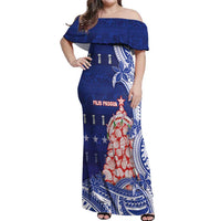 Northern Mariana Islands Christmas Off Shoulder Maxi Dress Seashell Xmas Tree Tribal Waves DT05 Women Navy - Polynesian Pride