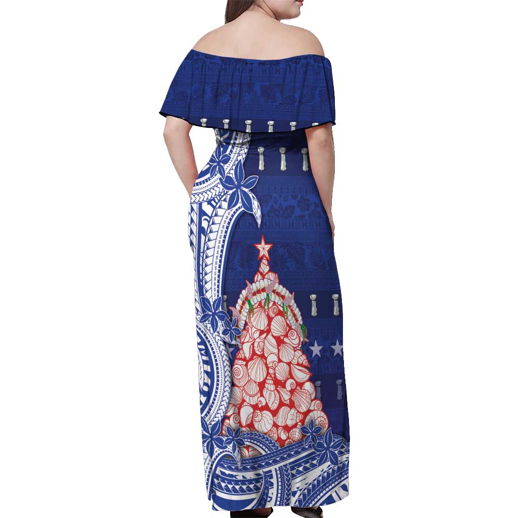 Northern Mariana Islands Christmas Off Shoulder Maxi Dress Seashell Xmas Tree Tribal Waves DT05 - Polynesian Pride