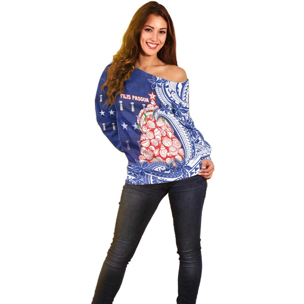 Northern Mariana Islands Christmas Off Shoulder Sweater Seashell Xmas Tree Tribal Waves - Polynesian Pride
