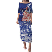 Northern Mariana Islands Christmas Puletasi Seashell Xmas Tree Tribal Waves DT05 Long Dress Navy - Polynesian Pride