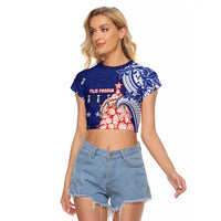 Northern Mariana Islands Christmas Raglan Cropped T Shirt Seashell Xmas Tree Tribal Waves DT05 Female Navy - Polynesian Pride
