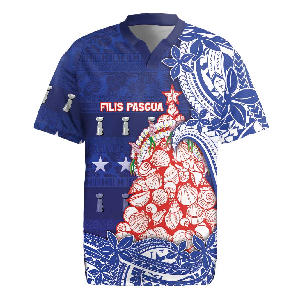 Northern Mariana Islands Christmas Rugby Jersey Seashell Xmas Tree Tribal Waves - Polynesian Pride
