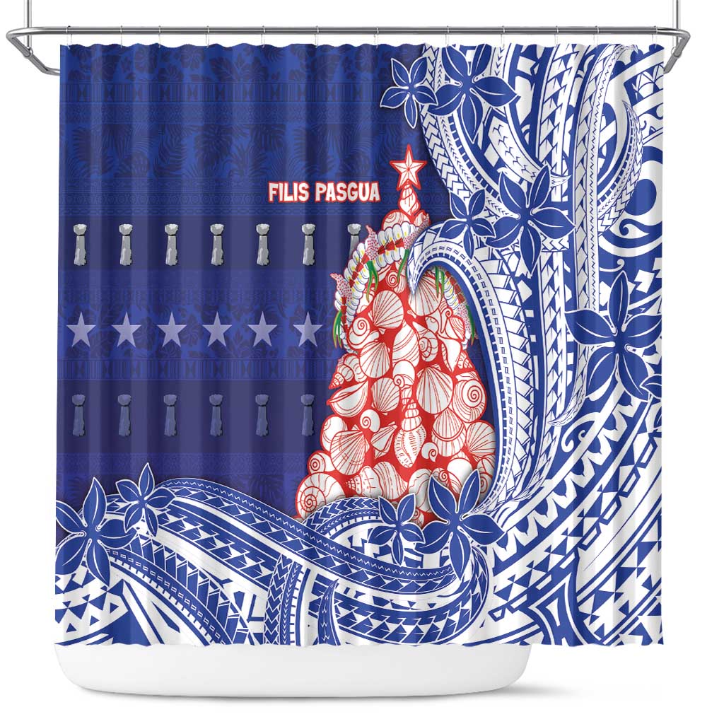 Northern Mariana Islands Christmas Shower Curtain Seashell Xmas Tree Tribal Waves DT05 Navy - Polynesian Pride