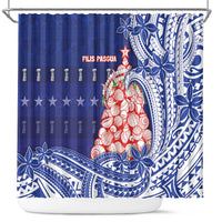 Northern Mariana Islands Christmas Shower Curtain Seashell Xmas Tree Tribal Waves DT05 Navy - Polynesian Pride