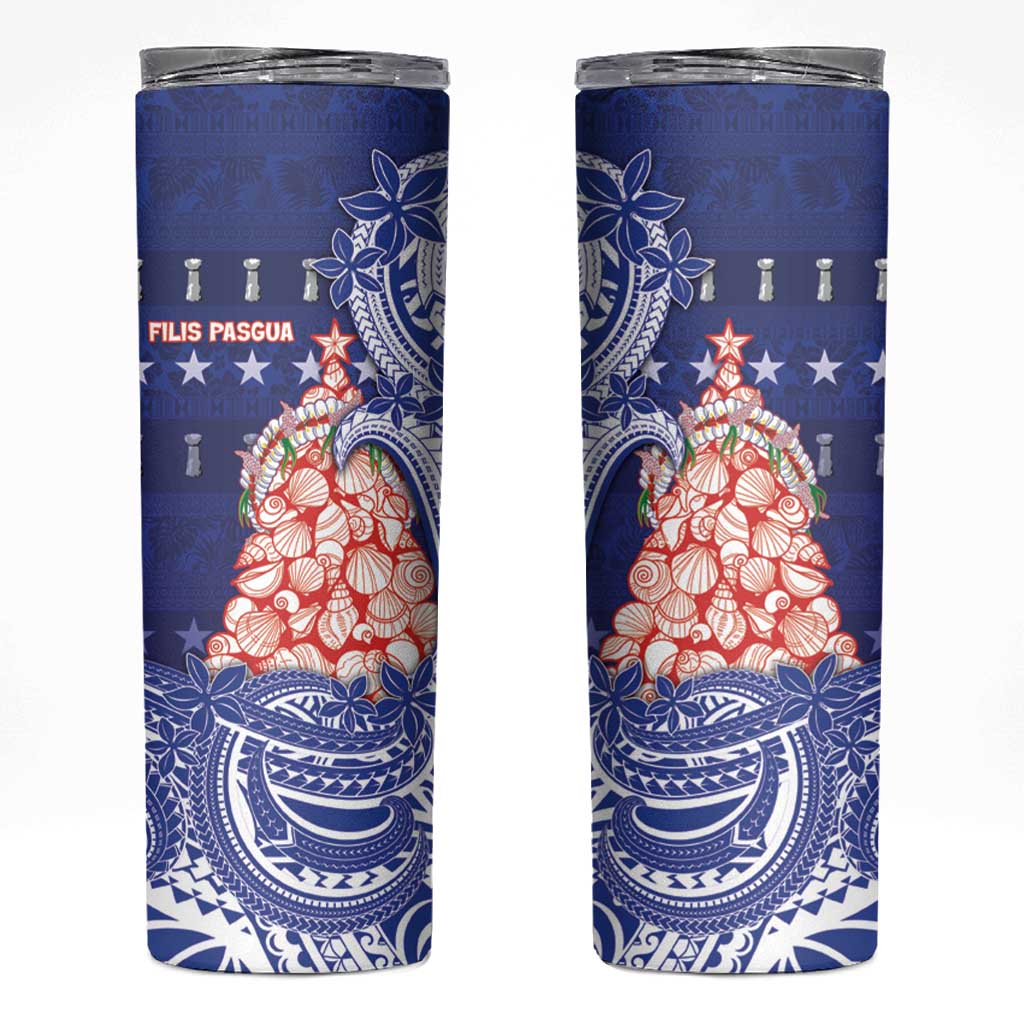 Northern Mariana Islands Christmas Skinny Tumbler Seashell Xmas Tree Tribal Waves DT05 Navy - Polynesian Pride