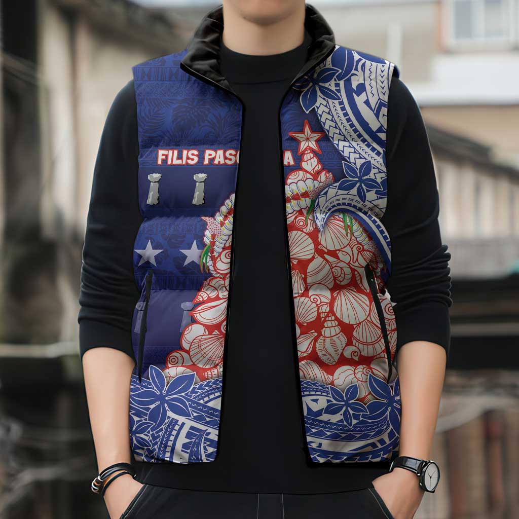 Northern Mariana Islands Christmas Sleeveless Puffer Jacket Seashell Xmas Tree Tribal Waves - Polynesian Pride