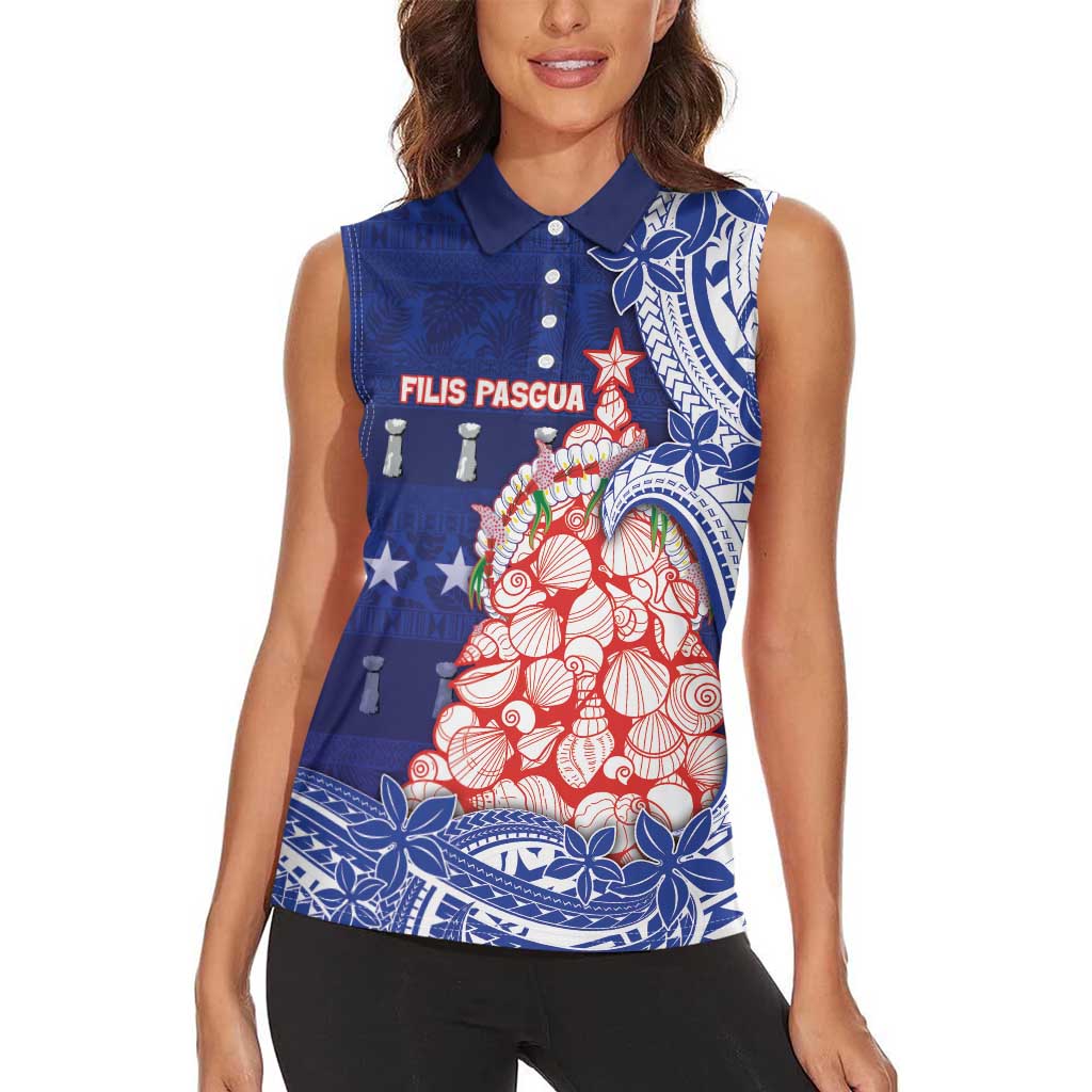 Northern Mariana Islands Christmas Women Sleeveless Polo Shirt Seashell Xmas Tree Tribal Waves DT05 - Polynesian Pride