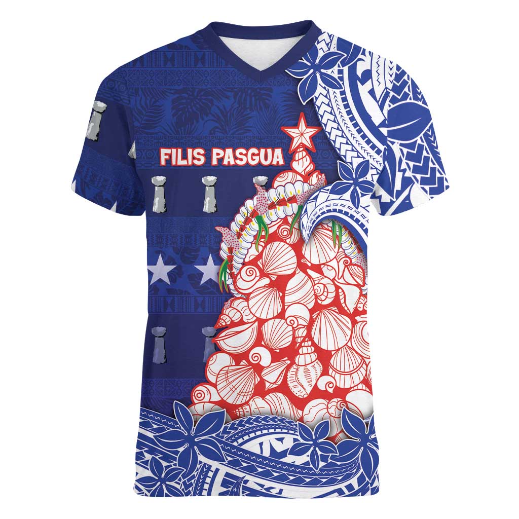 Northern Mariana Islands Christmas Women V-Neck T-Shirt Seashell Xmas Tree Tribal Waves DT05 Female Navy - Polynesian Pride