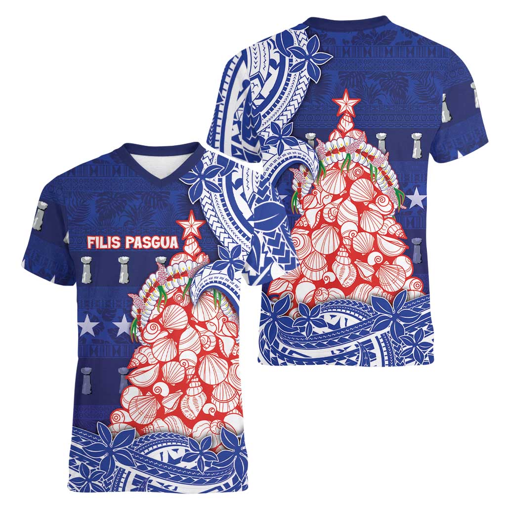 Northern Mariana Islands Christmas Women V-Neck T-Shirt Seashell Xmas Tree Tribal Waves DT05 - Polynesian Pride