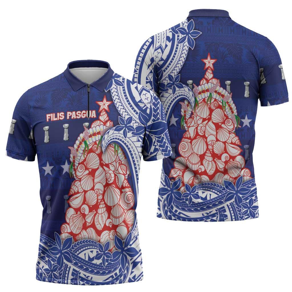 Northern Mariana Islands Christmas Zipper Polo Shirt Seashell Xmas Tree Tribal Waves - Polynesian Pride