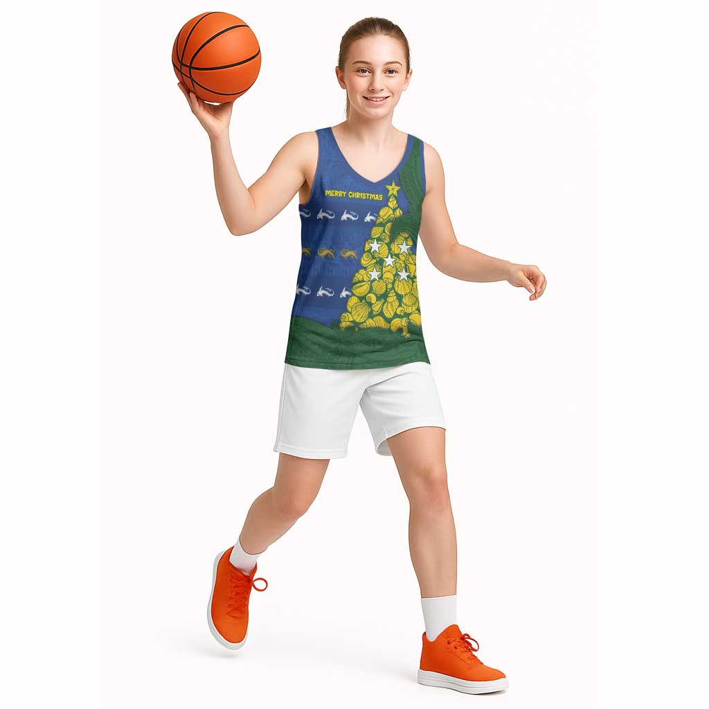 Solomon Islands Christmas Basketball Jersey Seashell Xmas Tree Tribal Waves - Polynesian Pride