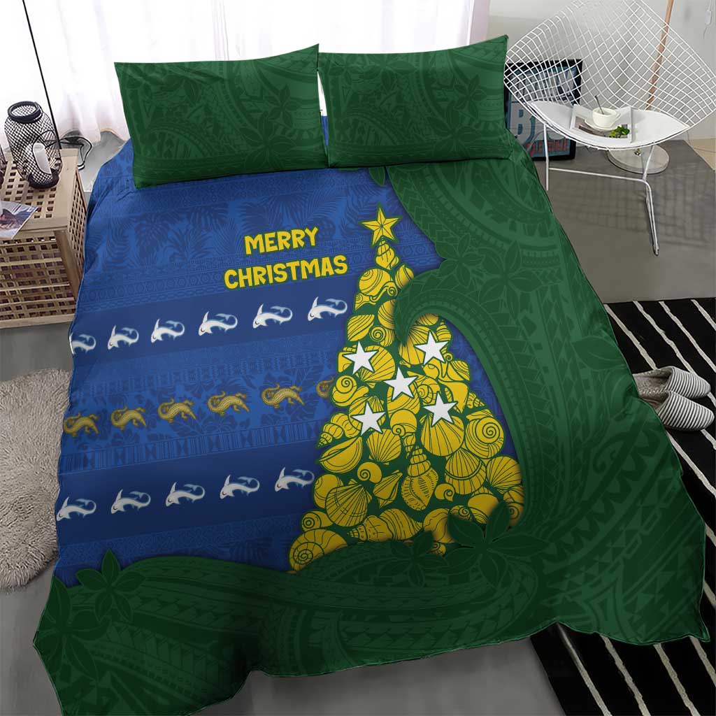 Solomon Islands Christmas Bedding Set Seashell Xmas Tree Tribal Waves - Polynesian Pride