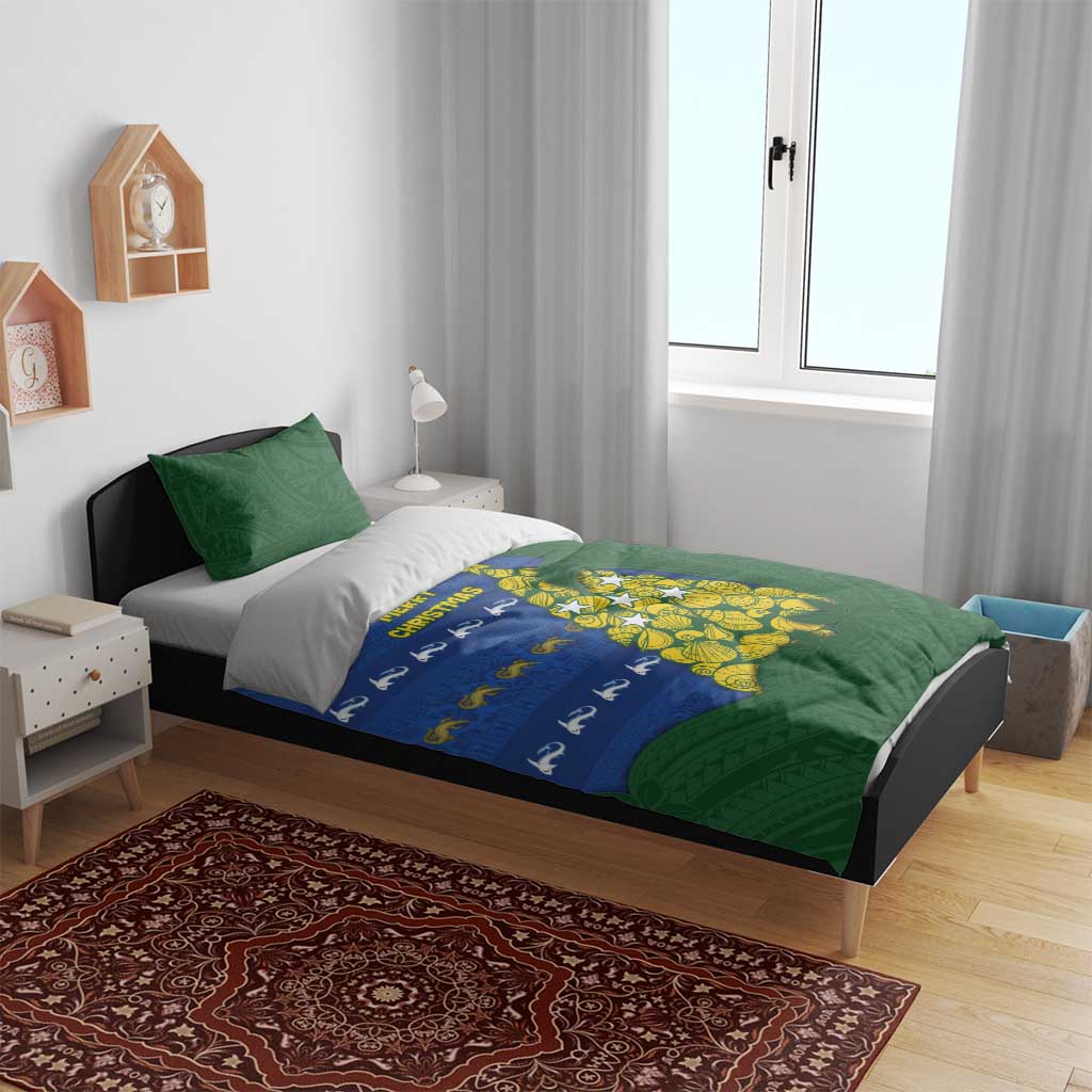 Solomon Islands Christmas Bedding Set Seashell Xmas Tree Tribal Waves - Polynesian Pride