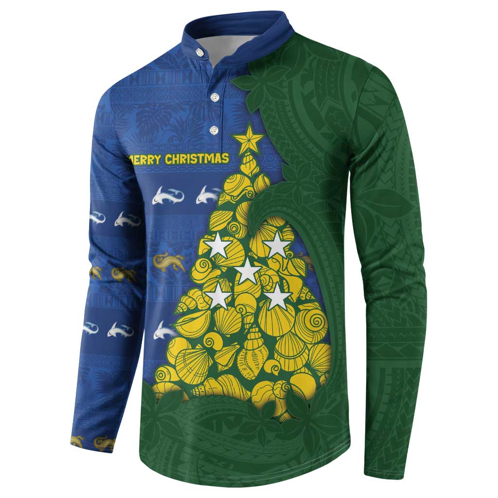 Solomon Islands Christmas Button Sweatshirt Seashell Xmas Tree Tribal Waves - Polynesian Pride