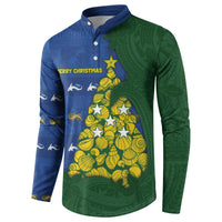 Solomon Islands Christmas Button Sweatshirt Seashell Xmas Tree Tribal Waves - Polynesian Pride