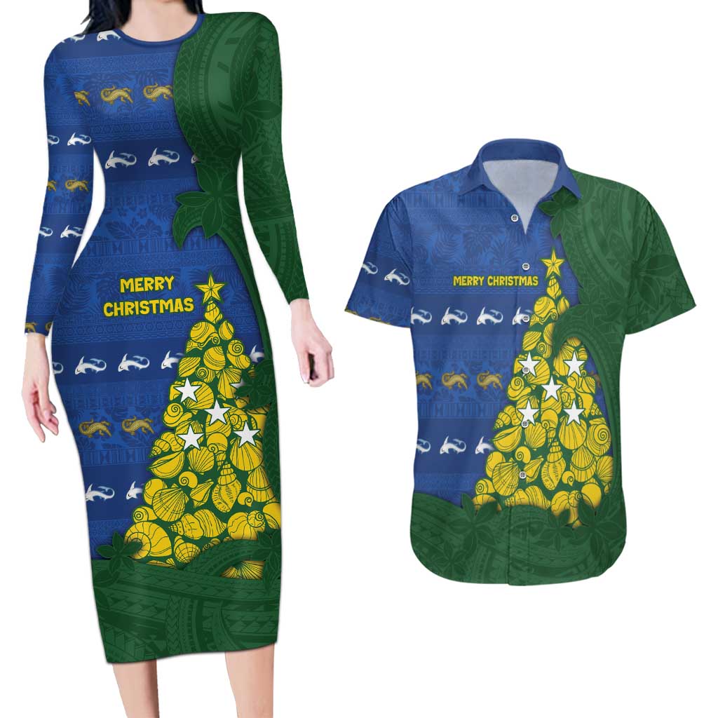 Solomon Islands Christmas Couples Matching Long Sleeve Bodycon Dress and Hawaiian Shirt Seashell Xmas Tree Tribal Waves DT05 Navy - Polynesian Pride