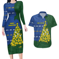 Solomon Islands Christmas Couples Matching Long Sleeve Bodycon Dress and Hawaiian Shirt Seashell Xmas Tree Tribal Waves DT05 Navy - Polynesian Pride