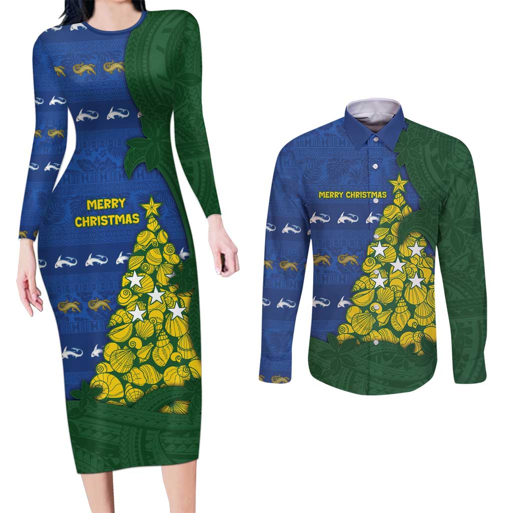 Solomon Islands Christmas Couples Matching Long Sleeve Bodycon Dress and Long Sleeve Button Shirt Seashell Xmas Tree Tribal Waves DT05 Navy - Polynesian Pride
