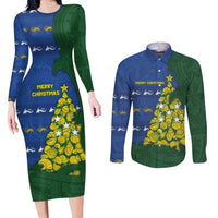 Solomon Islands Christmas Couples Matching Long Sleeve Bodycon Dress and Long Sleeve Button Shirt Seashell Xmas Tree Tribal Waves DT05 Navy - Polynesian Pride